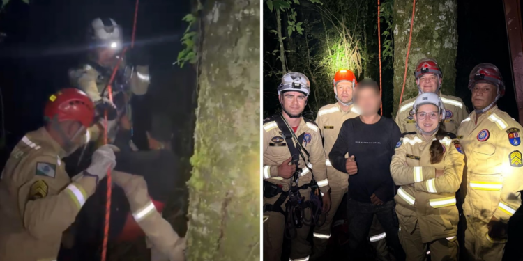 Jovem sobe em araucária no Paraná para colher pinhão, fica preso no topo por mais de duas horas e meia e é resgatado por bombeiros