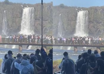 VÍDEO: turista se pendura em passarela e pula nas águas das Cataratas do Iguaçu para pegar celular